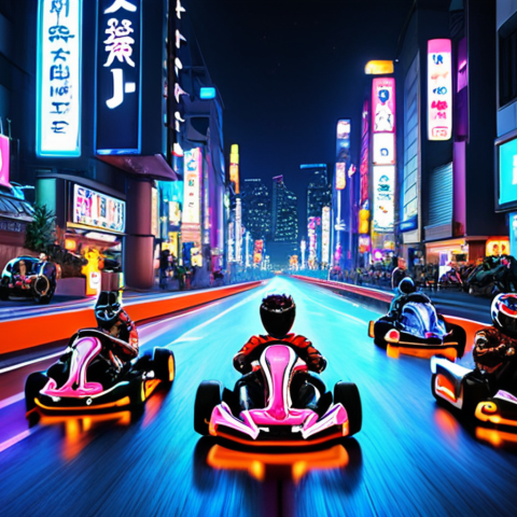 **

A vibrant, high-speed scene of customized karts racing through a futuristic Tokyo cityscape at night. Neon lights reflect off the karts, highlighting unique paint jobs and decal designs. Focus on the sense of speed and customization options. Include various kart models with obvious engine and tire upgrades.

**