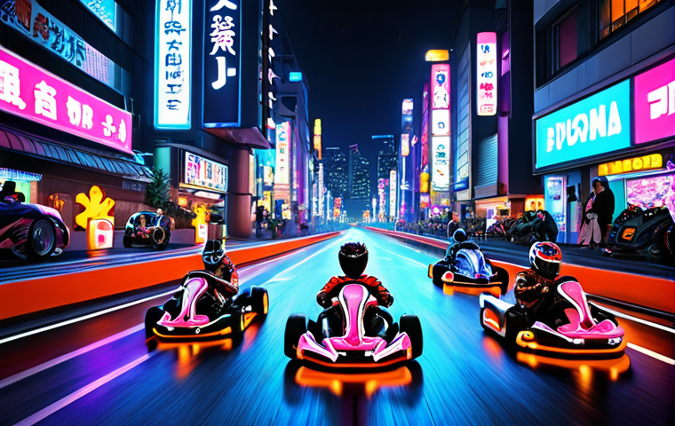 **

A vibrant, high-speed scene of customized karts racing through a futuristic Tokyo cityscape at night. Neon lights reflect off the karts, highlighting unique paint jobs and decal designs. Focus on the sense of speed and customization options. Include various kart models with obvious engine and tire upgrades.

**