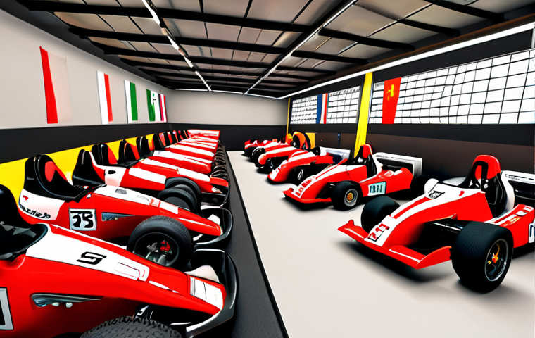 Kart Selection & Customization**

Prompt: "A vibrant, stylized kart racing scene. Focus on a garage setting where a racer is choosing between various karts, each with unique paint jobs and accessories (Italian flag stripes, Ferrari red color options, stylish spoilers). Include tools and customization options visible in the background. Emphasize the excitement of personalization. Art style: cartoonish, bold colors, slightly exaggerated features."

**