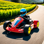 **"A vibrant, customized go-kart with sleek Italian design elements speeding through a sun-drenched Tuscan countryside track. Emphasize the kart's aerodynamic wing and stylish racing decals."**