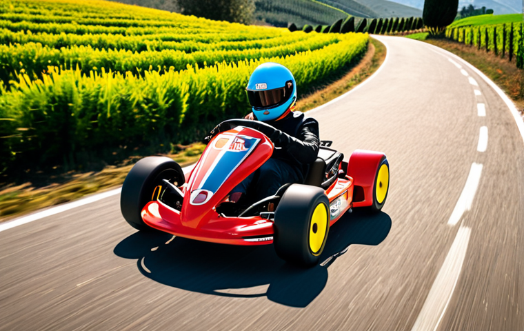 **"A vibrant, customized go-kart with sleek Italian design elements speeding through a sun-drenched Tuscan countryside track. Emphasize the kart's aerodynamic wing and stylish racing decals."**