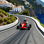 Kart racing on a track inspired by the Amalfi Coast, featuring winding roads, beautiful scenery, and a kart drifting around a sharp turn.
