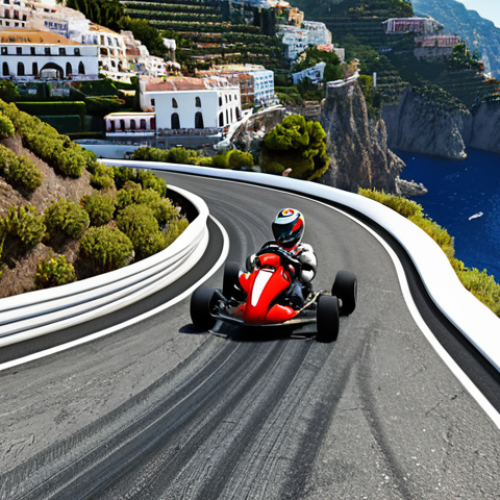 Kart racing on a track inspired by the Amalfi Coast, featuring winding roads, beautiful scenery, and a kart drifting around a sharp turn.