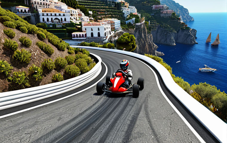 Kart racing on a track inspired by the Amalfi Coast, featuring winding roads, beautiful scenery, and a kart drifting around a sharp turn.