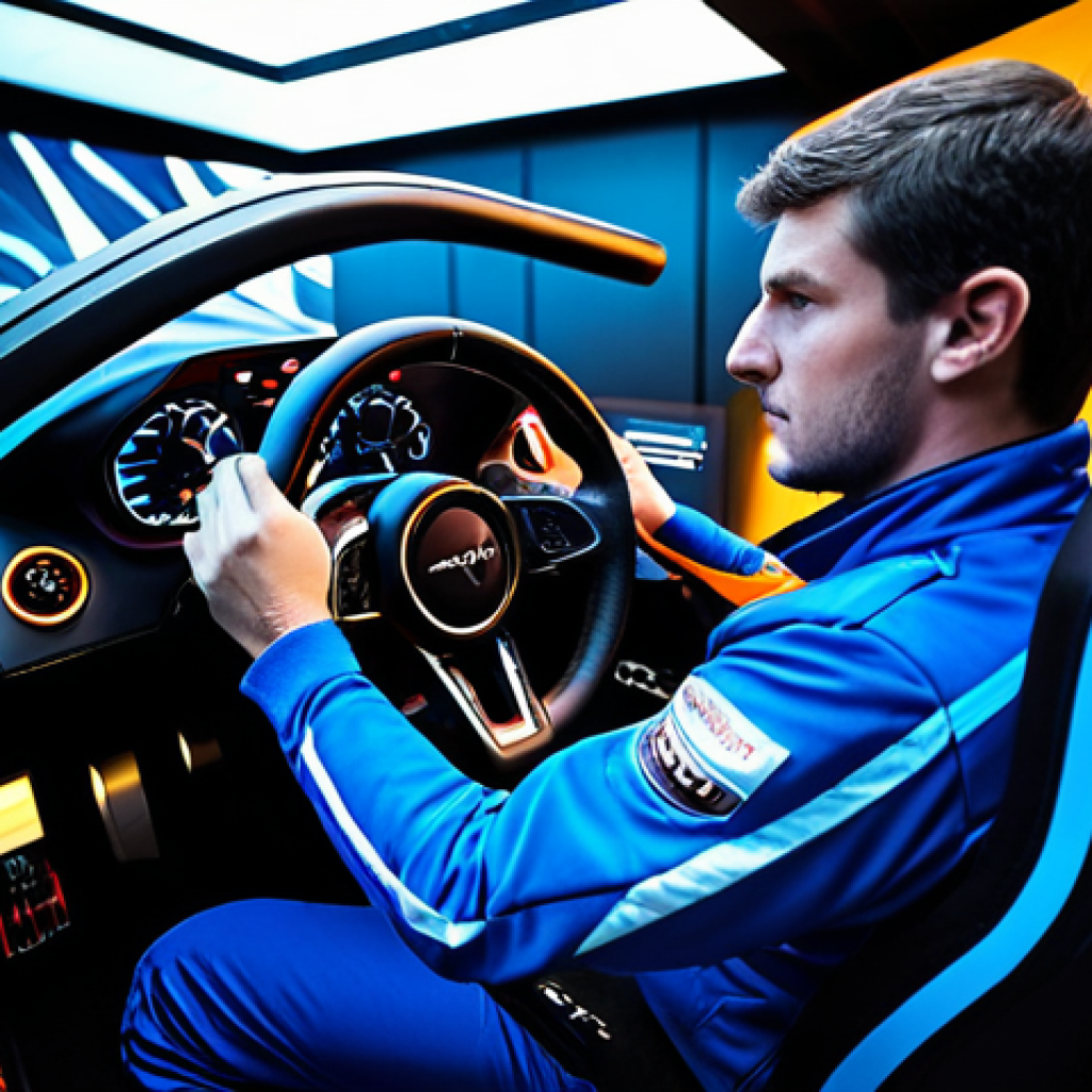 A professional racing driver in a sleek, fully protective, modest racing suit, seated in a high-tech futuristic racing simulator cockpit. Hands are firmly on the steering wheel, gaze intensely focused on a high-resolution display showing a challenging, winding race track. The driver's posture conveys precision and controlled movement, embodying mastery over a highly technical driving style. The simulator is set within a pristine, modern esports training facility with soft ambient lighting, blurred data screens and abstract geometric wall patterns. professional photography, studio lighting, sharp focus, vibrant colors, perfect anatomy, correct proportions, natural pose, well-formed hands, proper finger count, natural body proportions, safe for work, appropriate content, fully clothed, professional dress, family-friendly.