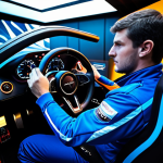 A professional racing driver in a sleek, fully protective, modest racing suit, seated in a high-tech futuristic racing simulator cockpit. Hands are firmly on the steering wheel, gaze intensely focused on a high-resolution display showing a challenging, winding race track. The driver's posture conveys precision and controlled movement, embodying mastery over a highly technical driving style. The simulator is set within a pristine, modern esports training facility with soft ambient lighting, blurred data screens and abstract geometric wall patterns. professional photography, studio lighting, sharp focus, vibrant colors, perfect anatomy, correct proportions, natural pose, well-formed hands, proper finger count, natural body proportions, safe for work, appropriate content, fully clothed, professional dress, family-friendly.