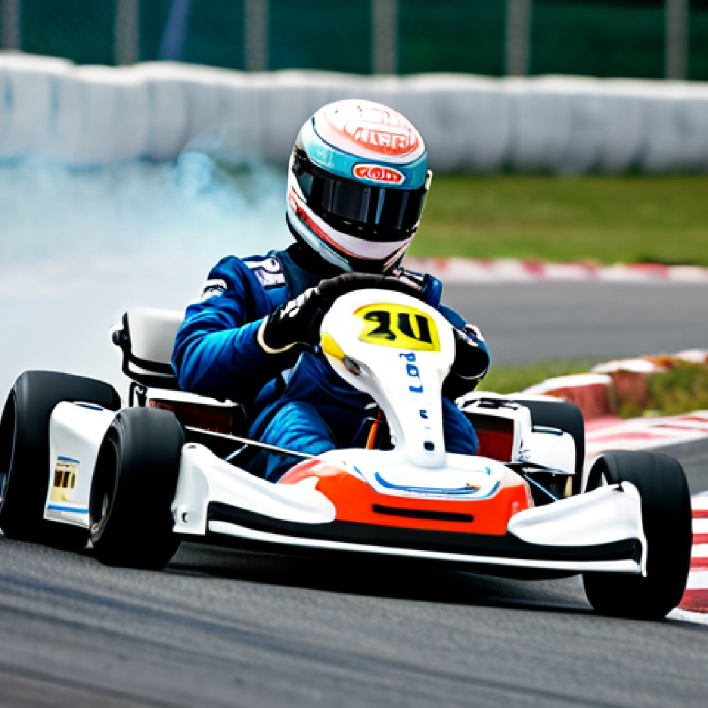 A focused professional kart racer, wearing a modest, fully enclosed racing suit and helmet, expertly performing a controlled drift on a clean, brightly lit, stylized outdoor race track. Subtle smoke emanates from the wheels, indicating precision and skill. The setting is a professional, well-maintained circuit. Perfect anatomy, correct proportions, natural pose, well-formed hands, proper finger count. Professional photography, high quality, safe for work, appropriate content, fully clothed, modest, family-friendly.