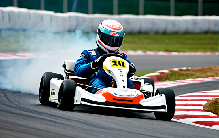 A focused professional kart racer, wearing a modest, fully enclosed racing suit and helmet, expertly performing a controlled drift on a clean, brightly lit, stylized outdoor race track. Subtle smoke emanates from the wheels, indicating precision and skill. The setting is a professional, well-maintained circuit. Perfect anatomy, correct proportions, natural pose, well-formed hands, proper finger count. Professional photography, high quality, safe for work, appropriate content, fully clothed, modest, family-friendly.