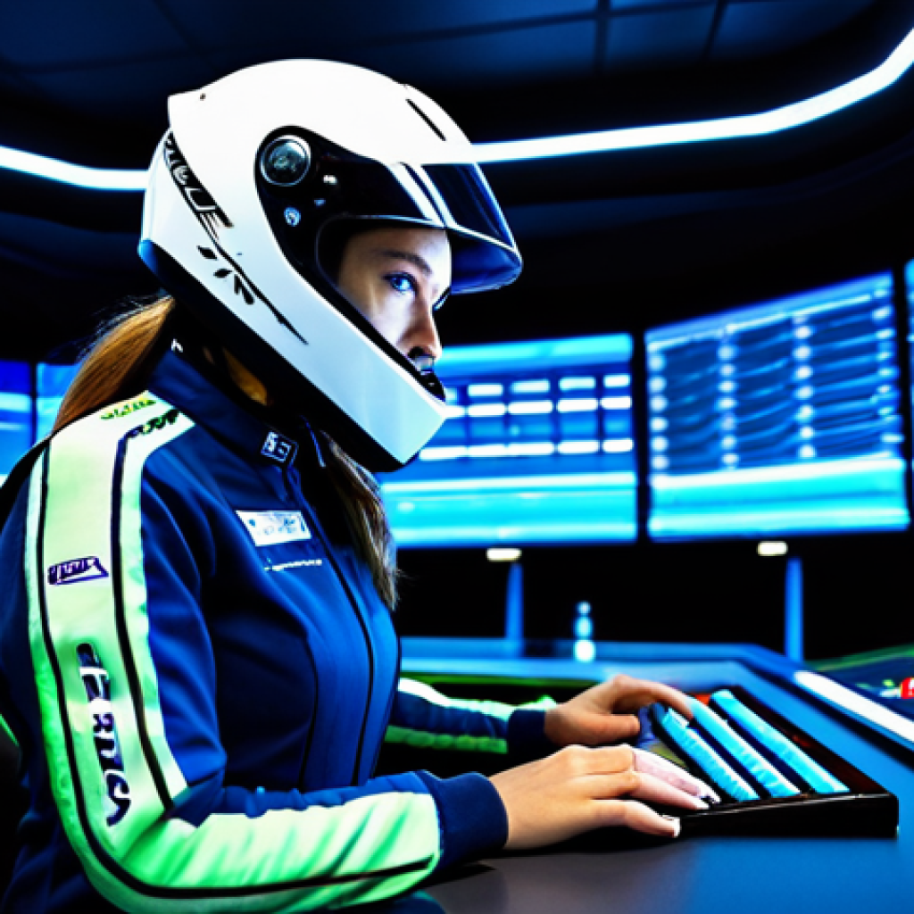 A focused professional female driver, fully clothed in a sleek, modest racing suit, stands in a high-tech control room. She is looking intently at multiple large holographic data displays showing performance analytics and track layouts, her expression conveying deep concentration. The room is clean, futuristic, and bathed in cool blue ambient light, symbolizing precision and cutting-edge technology. A high-performance racing helmet rests on a nearby console. Perfect anatomy, correct proportions, natural pose, well-formed hands, proper finger count, natural body proportions, professional photography, high quality, safe for work, appropriate content, family-friendly.