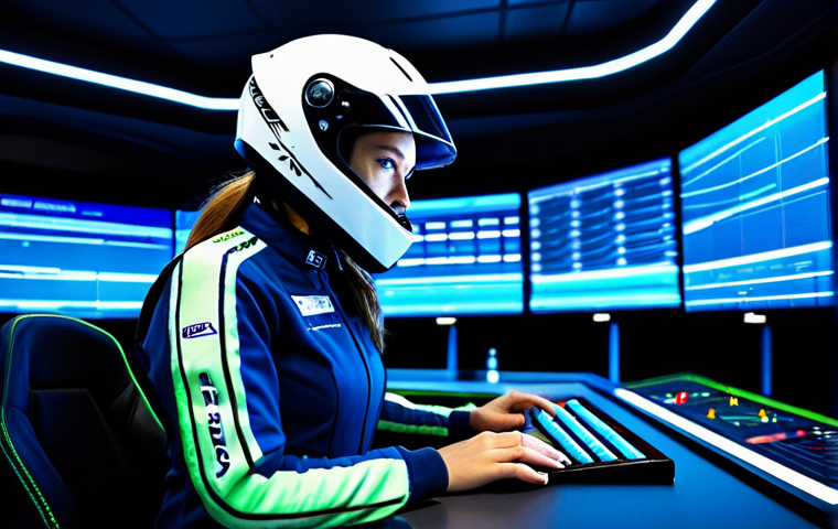 A focused professional female driver, fully clothed in a sleek, modest racing suit, stands in a high-tech control room. She is looking intently at multiple large holographic data displays showing performance analytics and track layouts, her expression conveying deep concentration. The room is clean, futuristic, and bathed in cool blue ambient light, symbolizing precision and cutting-edge technology. A high-performance racing helmet rests on a nearby console. Perfect anatomy, correct proportions, natural pose, well-formed hands, proper finger count, natural body proportions, professional photography, high quality, safe for work, appropriate content, family-friendly.