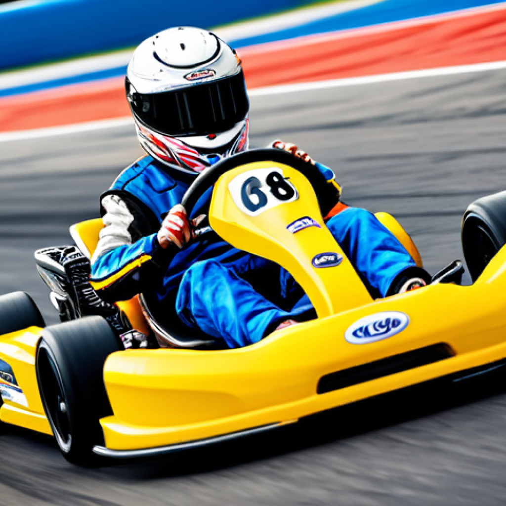 Learning the Ropes: Chaotic Drifting on a Vibrant Track**
A colorful and stylized go-kart mid-drift, depicted slightly off-balance but dynamically, navigating a challenging tight turn on a vibrant race track. Visual cues of a new player's experience include a cartoonish banana peel narrowly missed on the track, or a subtle water splash from a recent item effect. The scene captures the high energy and initial learning curve of go-kart racing. Professional gaming photography, dynamic motion blur, crisp focus, fully clothed (driver in full racing gear), safe for work, appropriate content, family-friendly, perfect anatomy, correct proportions, natural pose, natural body proportions.

**