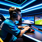 A highly concentrated Italian eSports racer, fully clothed in a professional, modest team jersey, actively competing in a high-stakes KartRider tournament. The racer is seated at a modern gaming station with a high-performance PC setup and controller, hands perfectly formed on the controller. The background features a large, brightly lit eSports arena stage with dynamic KartRider gameplay displayed on massive screens, and a blurred, enthusiastic audience in the distance. The atmosphere is charged with adrenaline and focus. Professional eSports photography, vibrant colors, sharp focus, natural pose, correct proportions, perfect anatomy, safe for work, appropriate content, family-friendly, high quality.