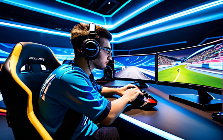 A highly concentrated Italian eSports racer, fully clothed in a professional, modest team jersey, actively competing in a high-stakes KartRider tournament. The racer is seated at a modern gaming station with a high-performance PC setup and controller, hands perfectly formed on the controller. The background features a large, brightly lit eSports arena stage with dynamic KartRider gameplay displayed on massive screens, and a blurred, enthusiastic audience in the distance. The atmosphere is charged with adrenaline and focus. Professional eSports photography, vibrant colors, sharp focus, natural pose, correct proportions, perfect anatomy, safe for work, appropriate content, family-friendly, high quality.