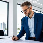 "A professional architect, fully clothed in a stylish and modest outfit, reviewing blueprints in a bright, modern architectural office. Appropriate attire, safe for work, perfect anatomy, natural proportions, professional setting, family-friendly."