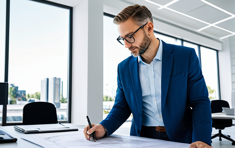 "A professional architect, fully clothed in a stylish and modest outfit, reviewing blueprints in a bright, modern architectural office. Appropriate attire, safe for work, perfect anatomy, natural proportions, professional setting, family-friendly."
