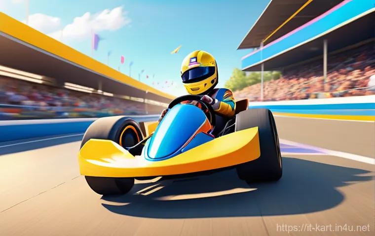 카트라이더 개발 역사 - A dynamic, vibrant, and joyful 3D cartoon-style illustration of four diverse young adult and teenage...