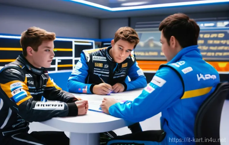 카트라이더 팀플레이의 중요성 - **Prompt 2: Strategic Coordination on the Track**
    "An dynamic, action-packed close-up of a racin...