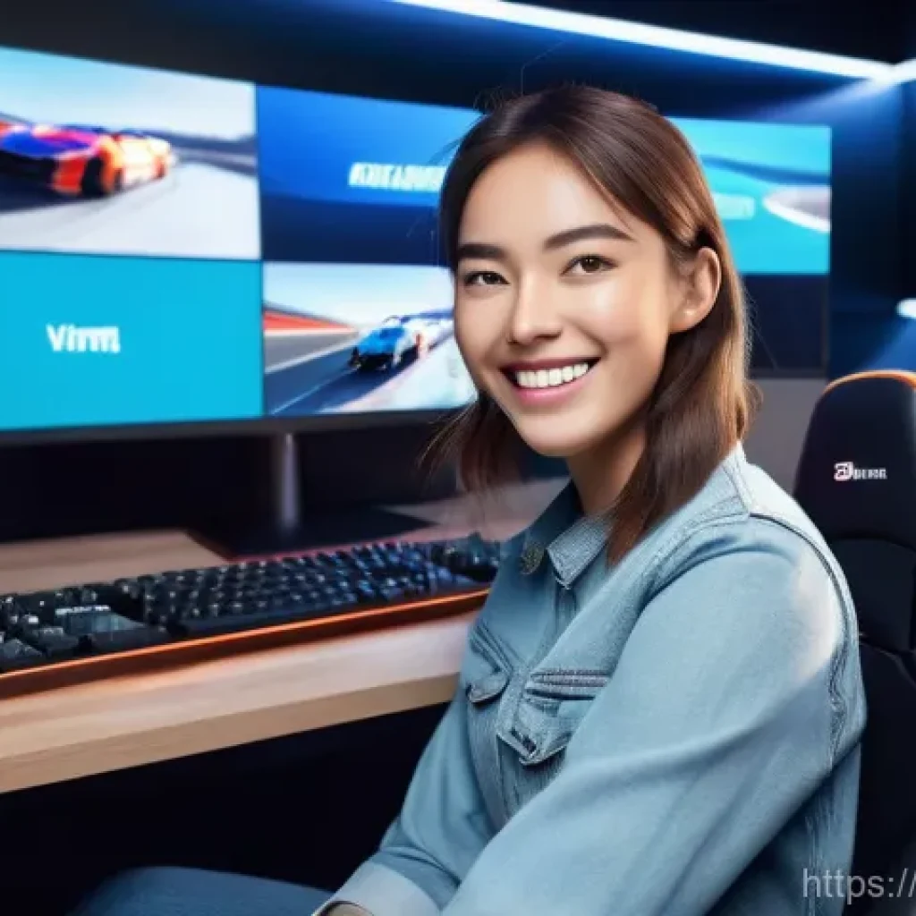 카트라이더 인기 스트리머의 비법 - A dynamic and cheerful female streamer, in her mid-20s, with a bright smile, actively engaging with ...