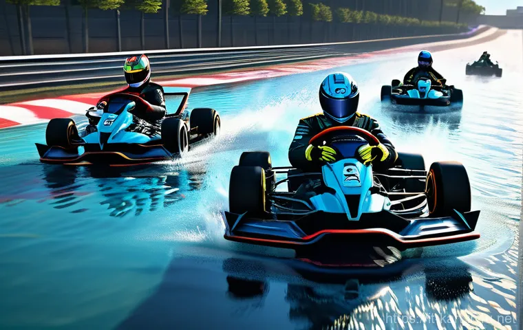 카트라이더 신규 업데이트와 팬아트 대회의 융합 - **Dynamic Kart Racing on a Submerged City Track:** A high-octane, dynamic image of several futuristi...