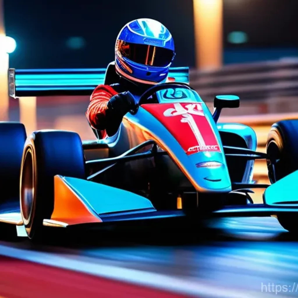 카트라이더 전설 캐릭터 설정 - A male racer, exuding confidence and speed, is captured in a dynamic shot. He is wearing a sleek, fo...