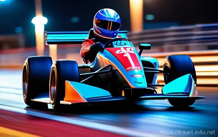 카트라이더 전설 캐릭터 설정 - A male racer, exuding confidence and speed, is captured in a dynamic shot. He is wearing a sleek, fo...