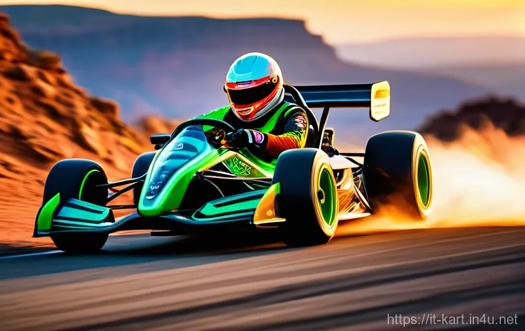 카트라이더 전설 캐릭터 설정 - A female racer, embodying calm strategy and resilience, is depicted navigating a bustling section of...