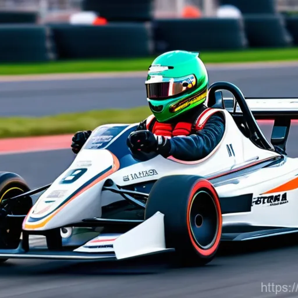카트라이더 킹오브트랙 공략법 - **A professional male kart racer, mid-20s, wearing a sleek, form-fitting racing suit and helmet, exe...
