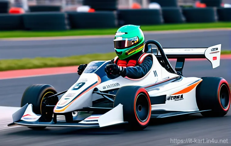 카트라이더 킹오브트랙 공략법 - **A professional male kart racer, mid-20s, wearing a sleek, form-fitting racing suit and helmet, exe...