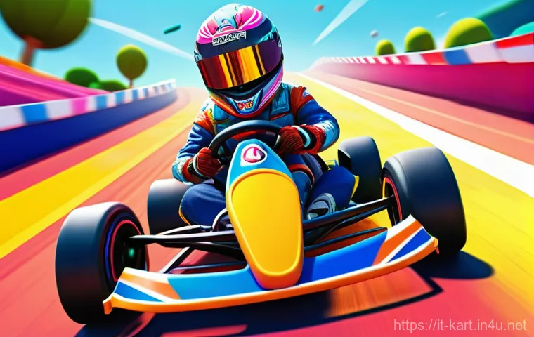 카트라이더 드리프트 초보자 연습 - **Prompt:** A dynamic, high-energy kart racing scene on a vibrant, fantastical track. The setting is...