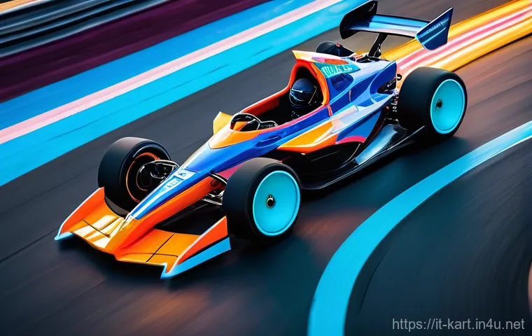 카트라이더 신규 업데이트 예고 - A vibrant, high-energy overhead shot of a custom-designed racing kart, mid-drift, on a visually stri...
