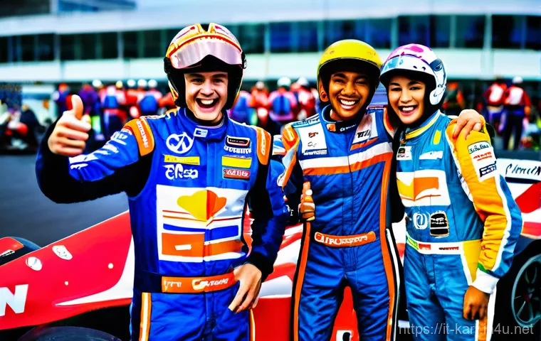 카트라이더 신규 업데이트 예고 - A detailed, medium shot of a confident and charismatic male racer, in his mid-20s, fully clothed in ...