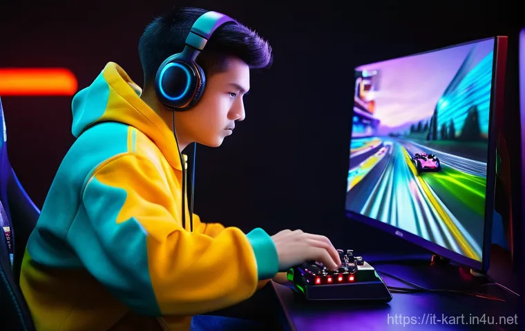카트라이더 신규 유저 적응 시간 - **"A close-up shot of a young adult gamer (age 16-25, fully clothed in a comfortable hoodie and jean...