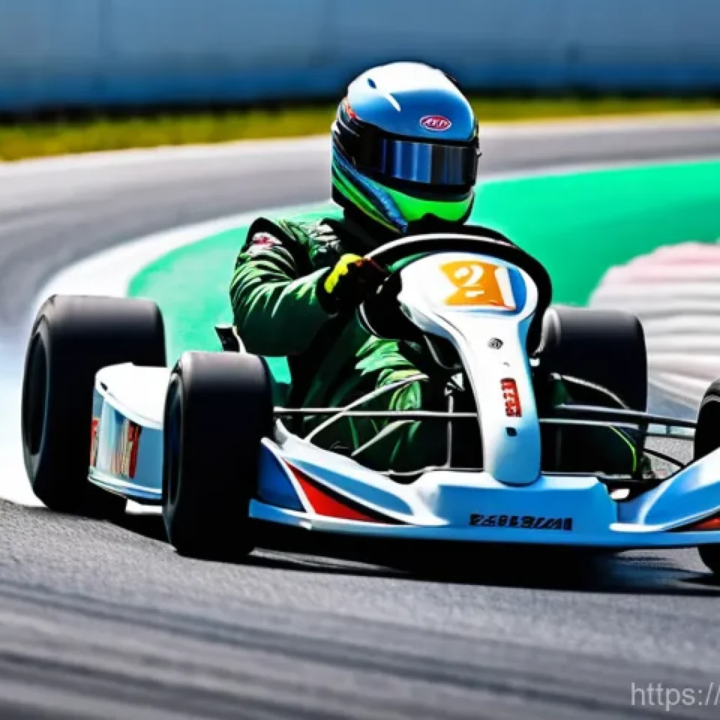 카트라이더 레이싱 레슨 후기 - A dynamic, action-packed image of a skilled go-kart driver executing a controlled powerslide on a cl...