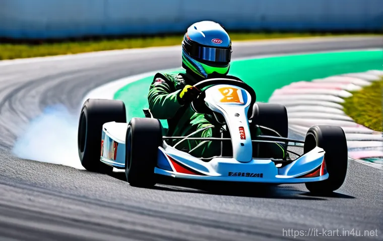 카트라이더 레이싱 레슨 후기 - A dynamic, action-packed image of a skilled go-kart driver executing a controlled powerslide on a cl...