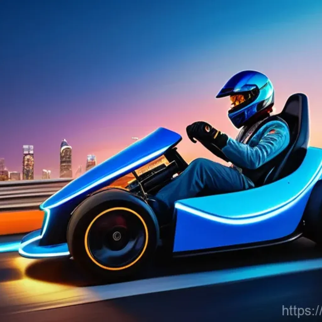카트라이더 이벤트 참여 후기 - **"Dynamic kart racing scene on a futuristic city track at dusk, with an 'electric blue' custom kart...
