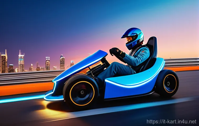 카트라이더 이벤트 참여 후기 - **"Dynamic kart racing scene on a futuristic city track at dusk, with an 'electric blue' custom kart...