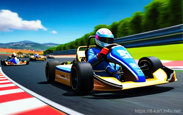 카트라이더 아이템 설정 최적화 - A dynamic, high-octane scene from a vibrant kart racing game. In the foreground, a confident male ra...