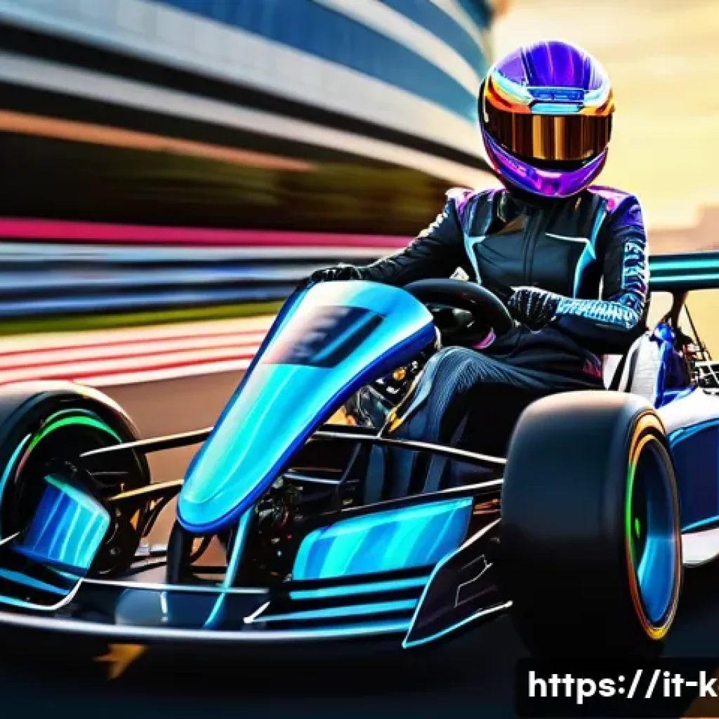카트라이더 시즌 패스 리뷰 - **Prompt:** A dynamic, full-body shot of a confident female racer in a highly detailed, futuristic r...