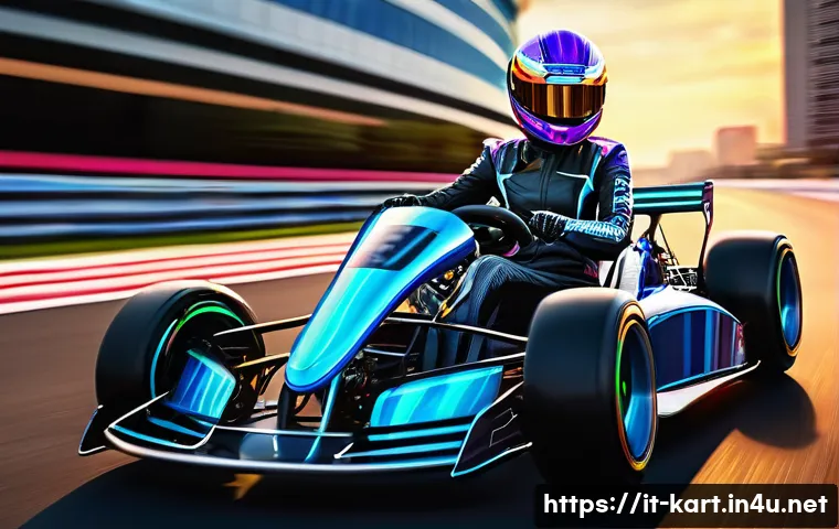 카트라이더 시즌 패스 리뷰 - **Prompt:** A dynamic, full-body shot of a confident female racer in a highly detailed, futuristic r...