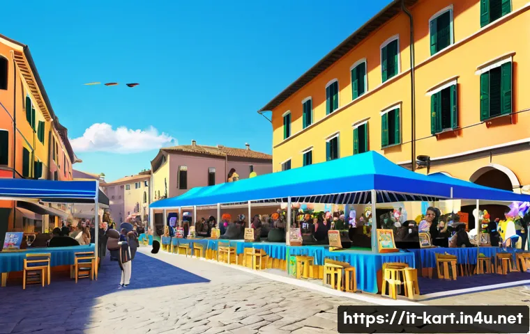 카트라이더 팬아트 갤러리 추천 - A vibrant digital illustration of a KartRider fanart community event in an Italian-style piazza, fea...