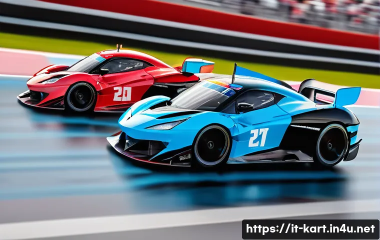 카트라이더 신규 캐릭터와 아이템 활용 - A dynamic racing scene featuring two newly introduced characters competing on a high-speed track wit...