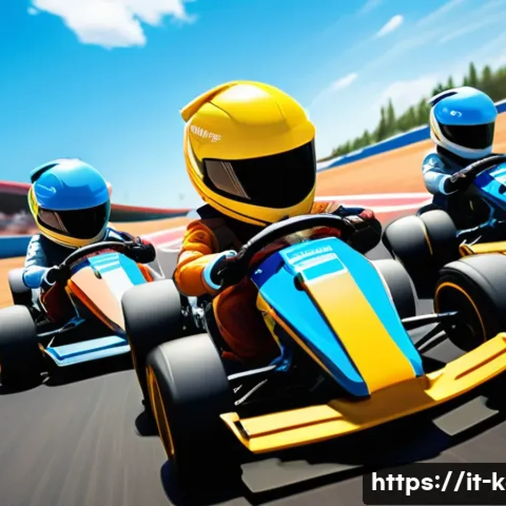 카트라이더 초보자를 위한 팀플레이 전략 - A dynamic team of four KartRider racers in colorful racing suits and helmets, each demonstrating the...