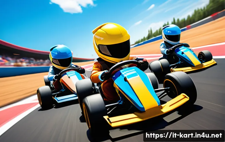 카트라이더 초보자를 위한 팀플레이 전략 - A dynamic team of four KartRider racers in colorful racing suits and helmets, each demonstrating the...