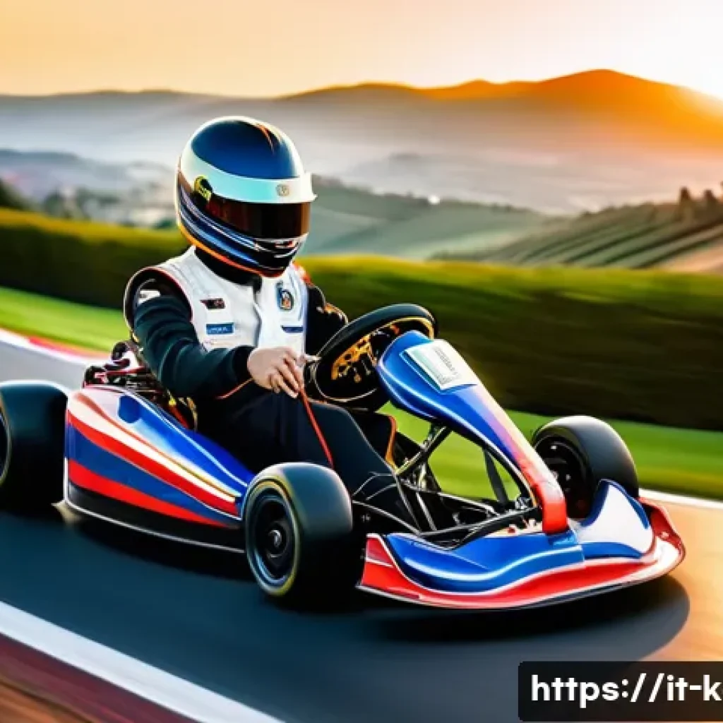 카트라이더 프로 선수의 조언 - A dynamic kart racing scene set on a winding Italian racetrack during golden hour, featuring a sleek...