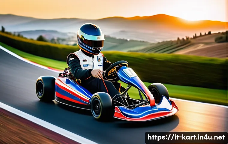 카트라이더 프로 선수의 조언 - A dynamic kart racing scene set on a winding Italian racetrack during golden hour, featuring a sleek...