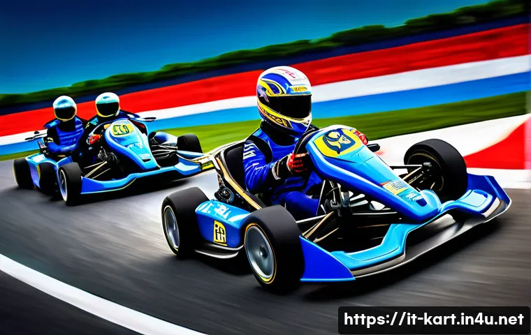 카트라이더 프로 리그 관전 포인트 - A dynamic scene of a professional KartRider Pro League race featuring the Blue Lightning team, chara...
