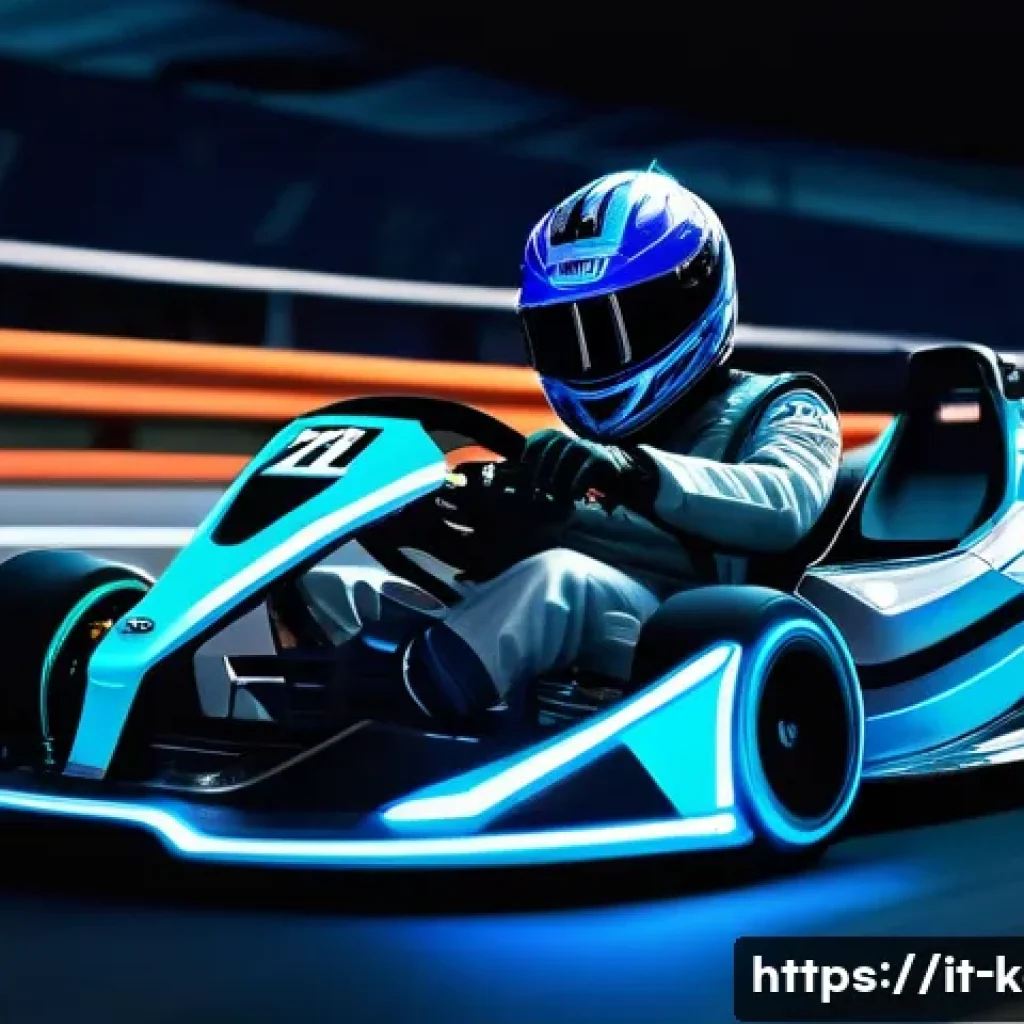 카트라이더 신규 기능 가이드 - A futuristic kart racing scene featuring a sleek, high-tech kart with glowing neon blue and silver a...