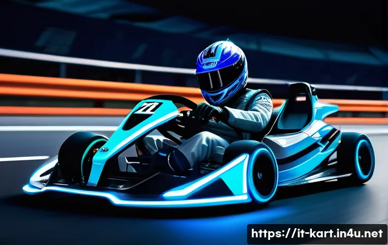 카트라이더 신규 기능 가이드 - A futuristic kart racing scene featuring a sleek, high-tech kart with glowing neon blue and silver a...