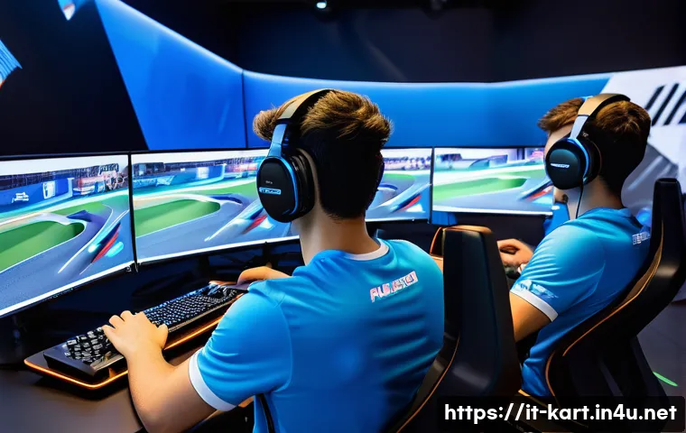 카트라이더 글로벌 대회 참가자 인터뷰 - A dynamic esports scene featuring four professional KartRider players in a high-tech gaming arena in...