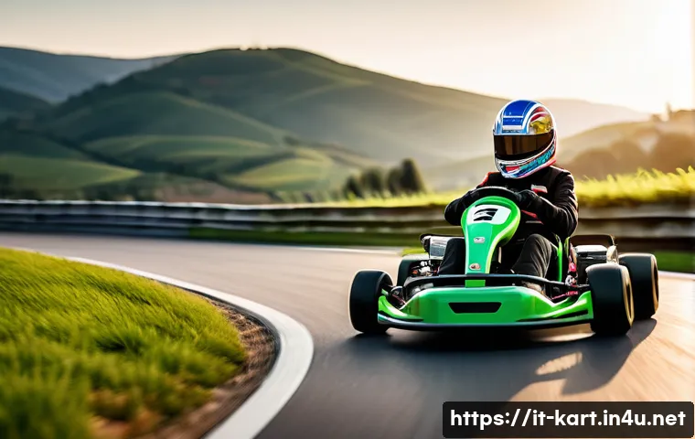 카트라이더 속도 유지 비법 - A dynamic racing scene on a twisting kart track set in an Italian countryside with vibrant green hil...